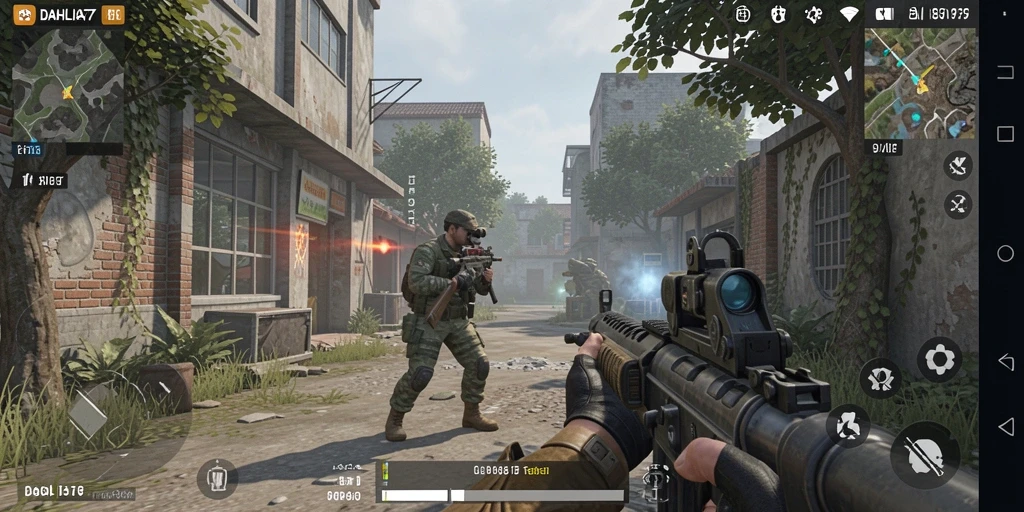 Tangkapan layar menunjukkan aksi intens dalam gameplay FPS DAHLIA77.