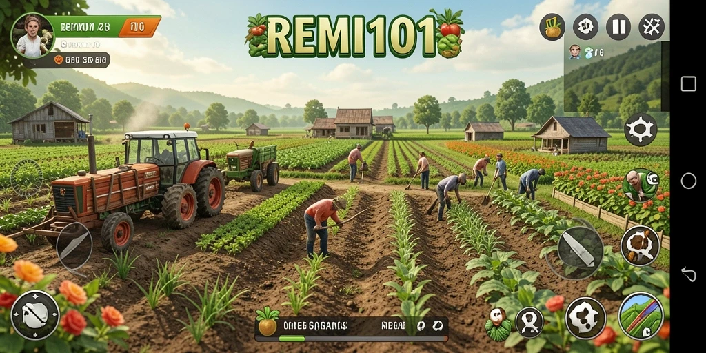 Tampilan gameplay REMI101 yang menonjolkan keindahan ladang dan aktivitas bertani.
