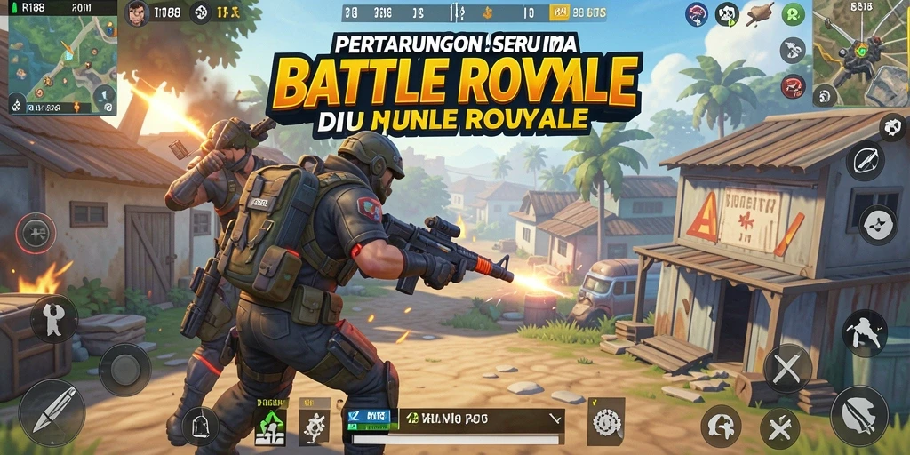 Screenshot utama RI188 menampilkan aksi seru di medan perang Battle Royale.