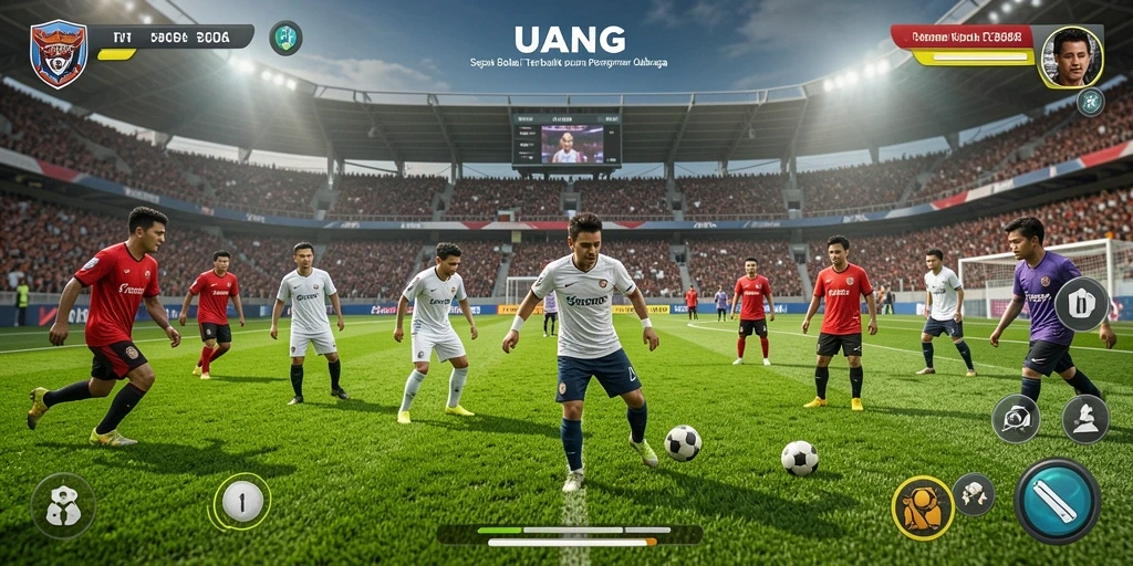 Screenshot gameplay UANG yang menampilkan aksi seru di lapangan sepak bola.