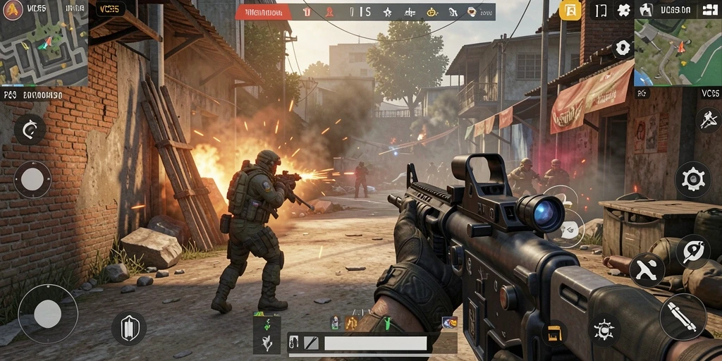 Tangkapan layar menunjukkan aksi intens dalam permainan FPS VC55.