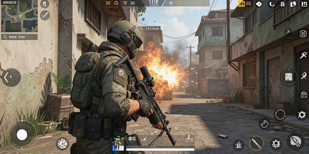 Screenshot utama menunjukkan gameplay FPS yang intens.